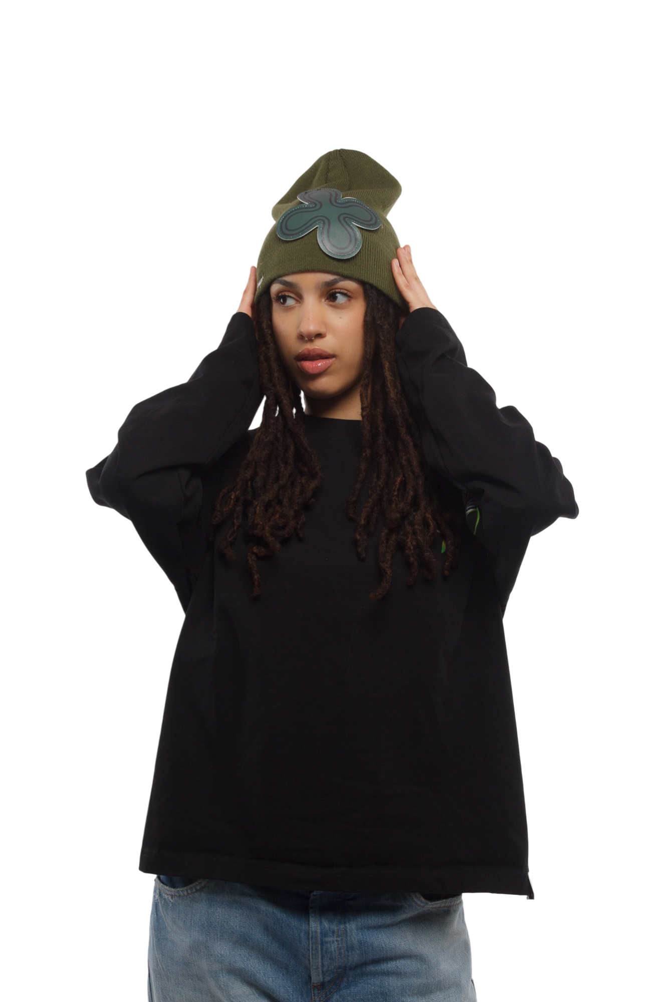 LE VERT KAKI LEATHER PATCH BEANIE